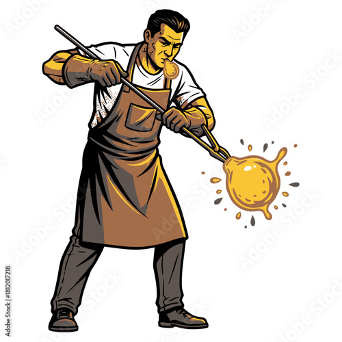 Vector Illustration of Glassblower Blowing Molten Glass, Artisan Man Shaping Hot Material with Blowpipe in Workshop
