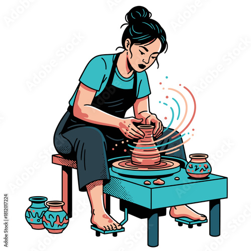 Vector Illustration of Female Ceramicist Working on Pottery Wheel, Artisan Woman Shaping Clay into Pot in Studio