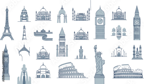 Colorful line art illustration set of famous world landmarks including Eiffel Tower, Taj Mahal, Statue of Liberty, and Pyramids