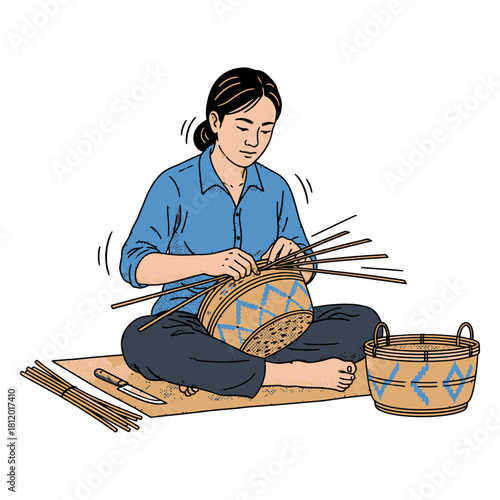 Vector Illustration of Woman Basket Maker Weaving Natural Materials, Traditional Artisan Crafting Wicker Basket on Floor