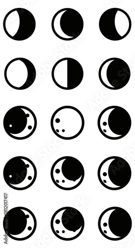 Minimalist black and white moon phases icon set, depicting various lunar cycles with simple, clean graphic design.