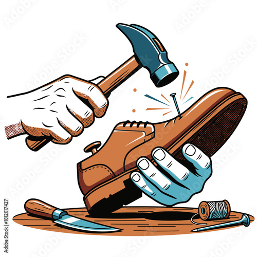 Pop Art Vector Illustration of Cobbler Repairing Shoe, Retro Comic Style Shoemaker Hammering Nail into Leather Footwear