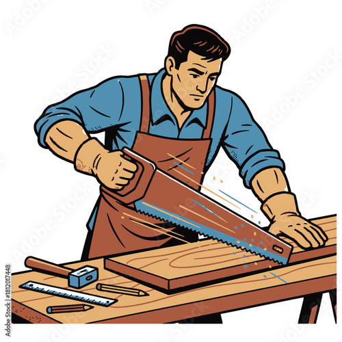 Pop Art Vector Illustration of Carpenter Cutting Wood with Hand Saw, Retro Comic Style Woodworker in Workshop with Tools