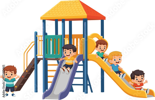 Vector illustration of happy cute little boys playing together on a colorful playground slide structure having fun outdoors for childhood education and school park concept.