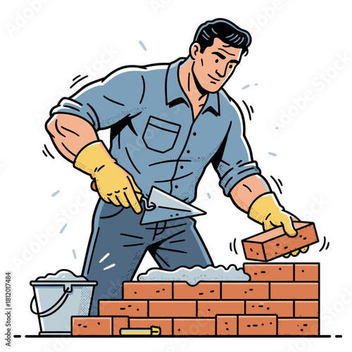 Pop Art Vector Illustration of Mason Laying Brick Wall, Retro Comic Style Construction Worker with Trowel and Mortar