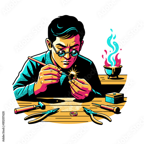 Pop Art Vector Illustration of Goldsmith Crafting Ring at Workbench, Retro Comic Style Jeweler Working with Tools and Flame