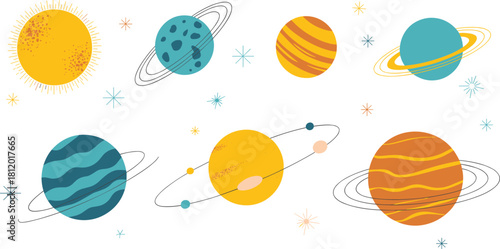 Colorful vector illustration of solar system planets and sun, educational space design for astronomy learning, science and universe exploration