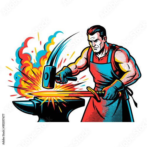 Pop Art Vector Illustration of Blacksmith Forging Sword on Anvil, Retro Comic Style Craftsman Working with Hammer and Fire Sparks
