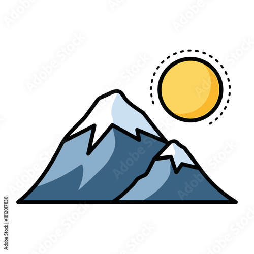 Illustration of snow-capped mountains under a bright sun  