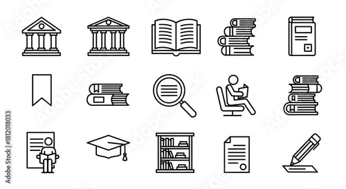 Minimalist black line art icons for education, learning, and library concepts, featuring books, buildings, and study tools.