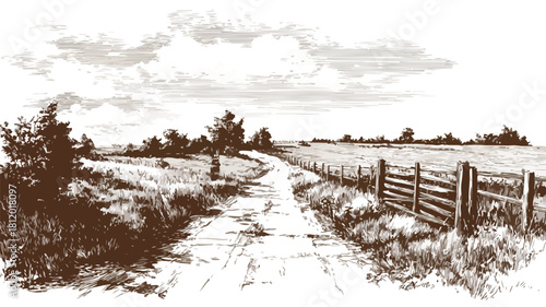 Scenic Country Road Painting with Fence Vector
