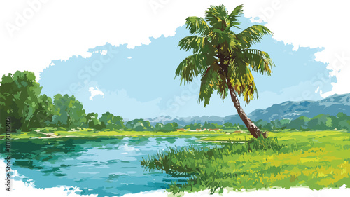 Serene Landscape with Green Field, Lake, and Palm Tree Vector Illustration