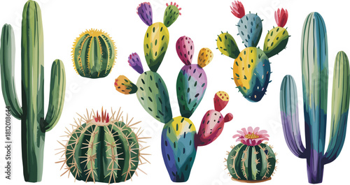 Colorful watercolor cactus illustration collection with desert plants, succulents, and blooming cacti, perfect for botanical design, nature decoration, print artwork