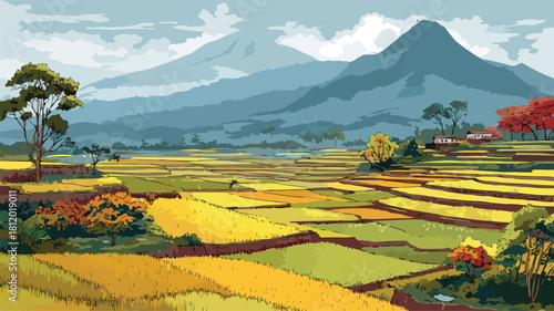Serene Landscape Painting of Rice Fields and Mountains