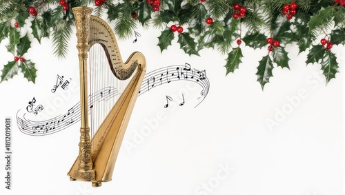 Festive Harp with Holly and Music Notes for Christmas.