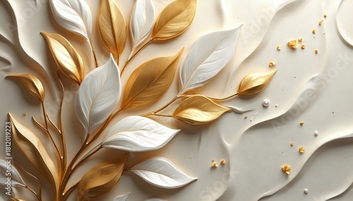 Elegant gold, white leaves on branch create beautiful pattern. Luxurious 3D bas-relief on creamy wavy surface. Modern floral art for interior wall decor, wallpaper sophisticated invitation