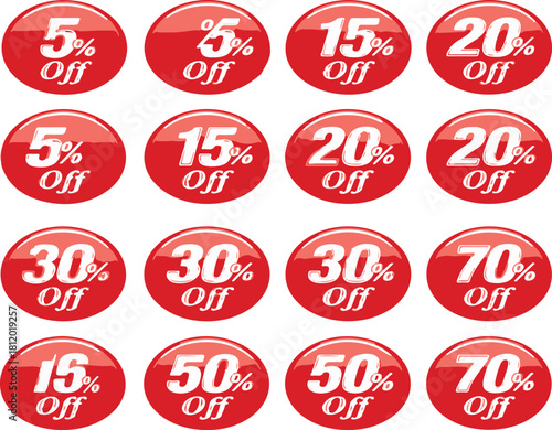 Sale Discount Buttons with Percentage Off | Red Glossy Promo Stickers for Retail Advertising, Offers and Clearance Sales