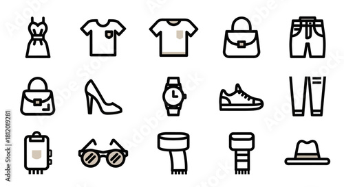 Minimalist black outline fashion icons set, featuring clothing, shoes, and accessories like bags, watches, and hats.