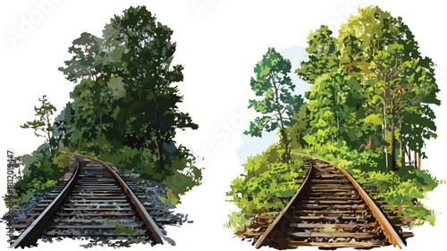 Serene Landscape Painting of Railroad Track and Trees in Nature
