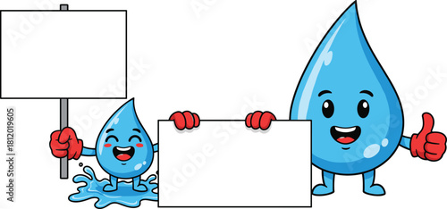 Vector illustration of happy cute water drop mascots holding blank white signs and showing thumbs up for nature conservation concept and advertising banner design.