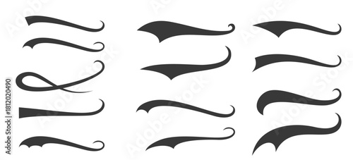 Baseball swoosh and swash tails. Set of sports swash shape, text underlines for baseball design. Hand drawn font elements in retro style for athletics, baseball. Swirl stroke swish underline shape