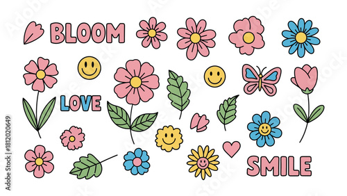 Collection of floral element: A playful assortment of hand-drawn flowers, leaves, butterfly, smile face and cheerful phrases in bright colors evokes feelings of joy and optimism
