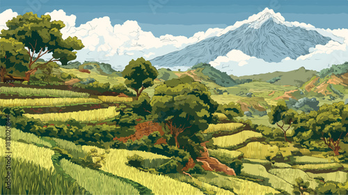 Serene Landscape Painting of Rice Fields, Trees, and Mountain
