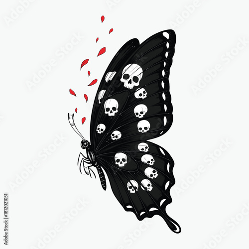 Illustration of a black butterfly with white skulls and red sparks on a white background