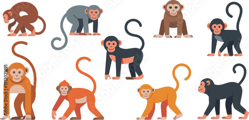 Cute cartoon monkey collection illustration showing different poses and colors, playful animal characters design for kids education, zoo, and wildlife concept