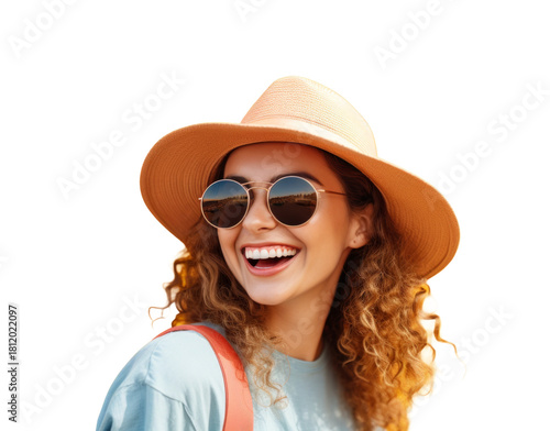 A young attractive girl in glasses and a hat is traveling with a smile on her face.