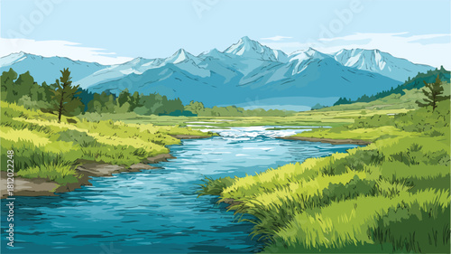 Scenic River and Mountain Landscape Nature View