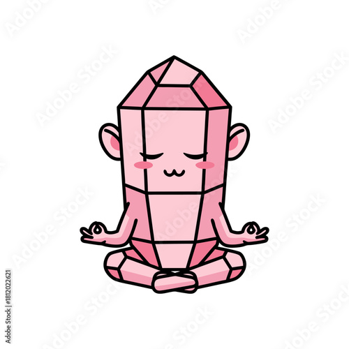Cute pink crystal meditating isolated on, a whimsical and zenlike illustration for wellness