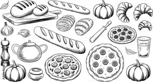 Detailed black and white bakery food illustration set including bread, pizza, croissants, garlic, pumpkin, and kitchen utensils in vintage style