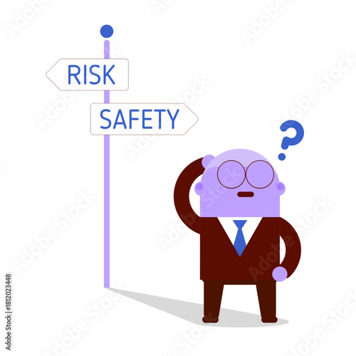 A confused cartoon businessman stands at a crossroads between “Risk” and “Safety,” scratching his head while trying to decide which direction to take.