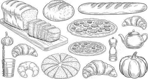 Detailed black and white bakery food illustration set including bread, pizza, croissants, garlic, pumpkin, and kitchen utensils in vintage style