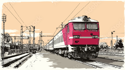 Red and White Train on Tracks Vector Illustration with Outline for Design Projects