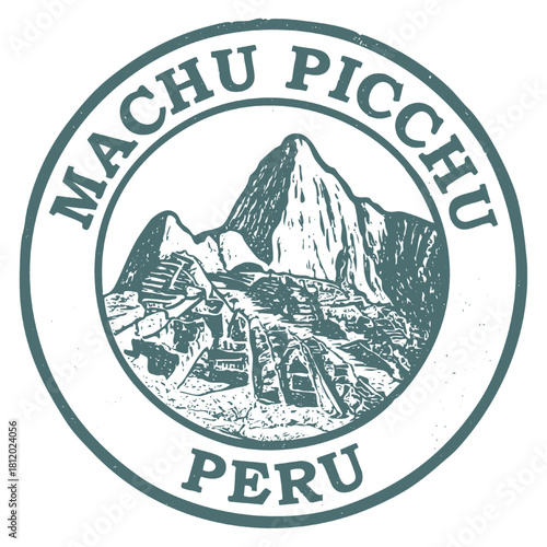 Machu Picchu grunge rubber stamp illustration of the Inca city in the Andes Mountains of Peru