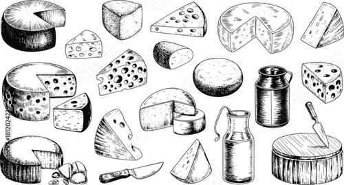Detailed black and white cheese illustration set with milk jugs,