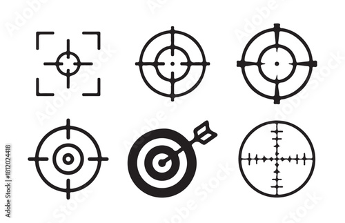Set of black target and aim icons, sniper sights, crosshairs, bullseye, focusing point