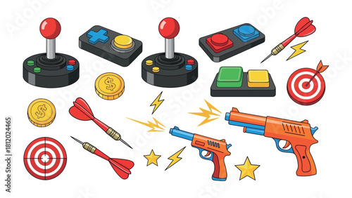 Gaming and Playtime Elements: A vibrant illustration showcasing a collection of gaming elements, including joysticks, game controllers, darts, dartboard, coins and toy gun.