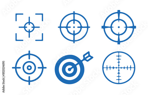 Set of blue target and aim icons, sniper sights, crosshairs, bullseye, focusing point