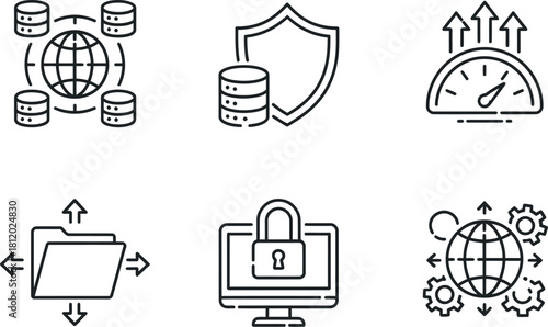 Data and network outline icons isolated on