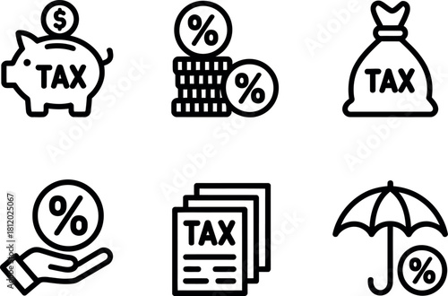 Tax and finance outline icons isolated on