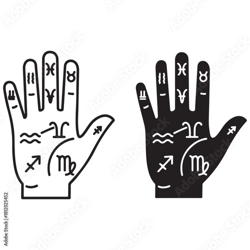 Graphic Illustration of Palm with Astrological and Palmistry Symbols