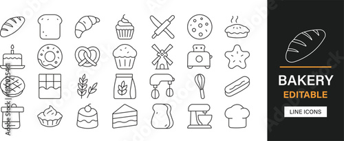 Bakery editable line icons pack. Bread, pastry, cake, donut, croissant, muffin, cupcake, cookie, oven, rolling pin, whisk, bakery shop and more icons.