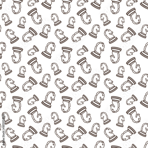 line art pattern of grey chess knight piece with a dark brown outline and base, set against a white background.