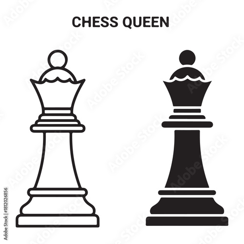 Chess Queen Piece in Outline and Solid Silhouette Vector Icons