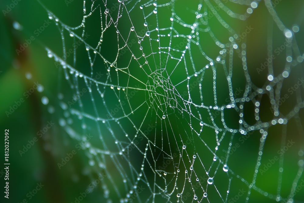 Obraz premium Macro shot of a glistening spider web with complex patterns and water beads, in a natural green setting, for science illustrations and wallpapers.