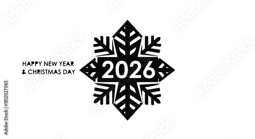 Elegant snowflake graphic celebrating the arrival of 2026 and Christmas with festive text.