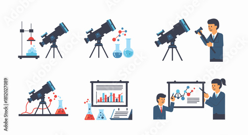 Illustrations depicting scientific concepts, telescopes, and presentations with data analysis.